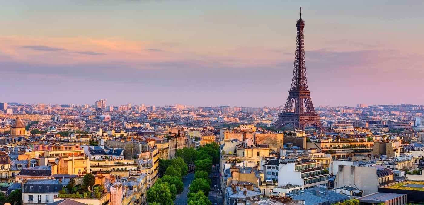 skyline of paris at sunset