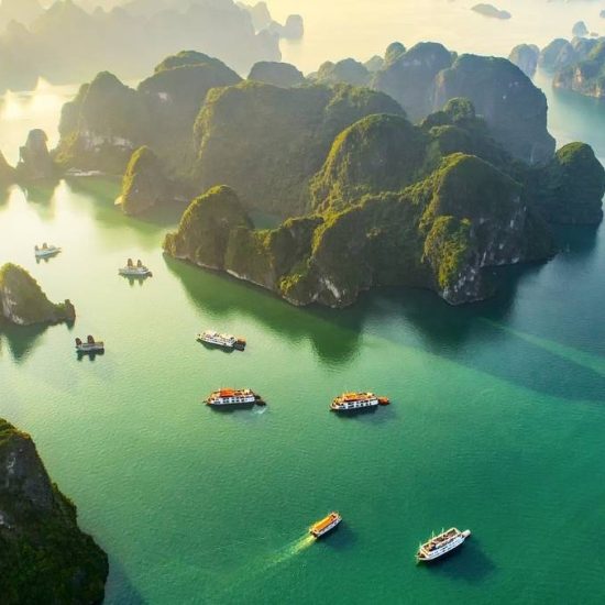 Aerial View Floating Fishing Village and Rock Island, Halong Bay