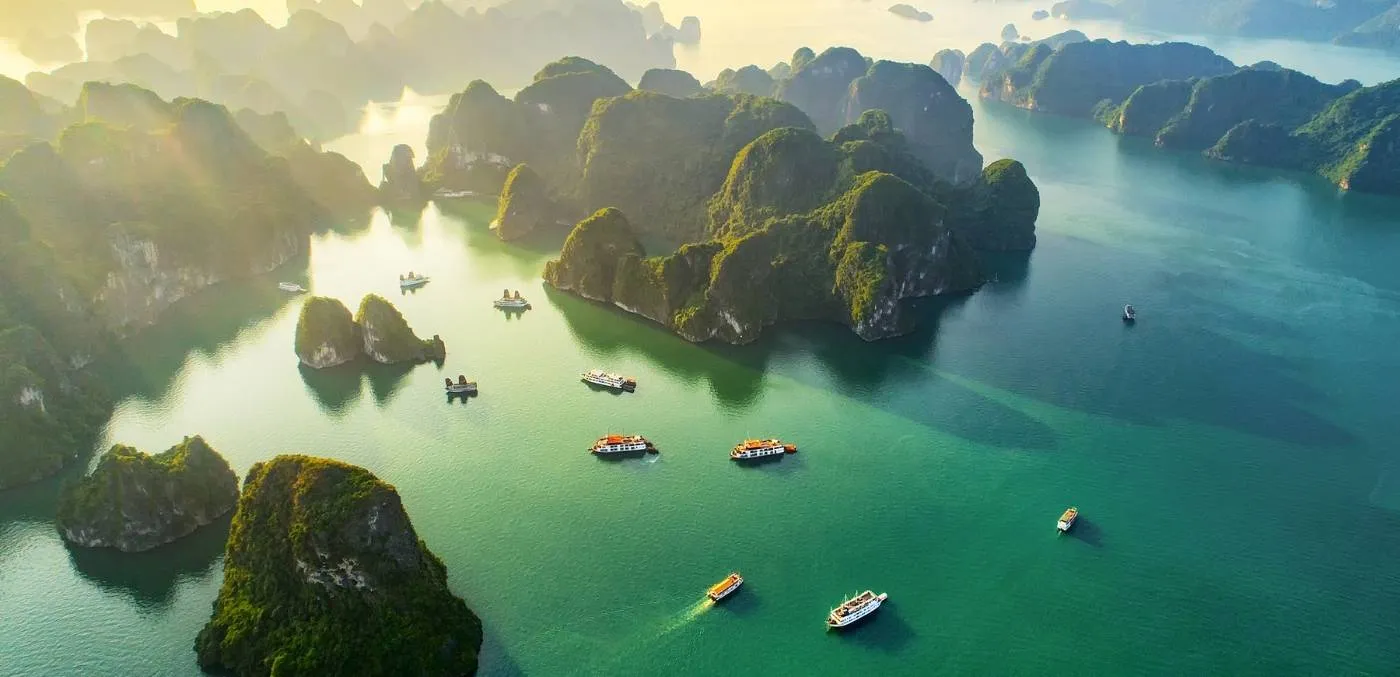 Aerial View Floating Fishing Village and Rock Island, Halong Bay