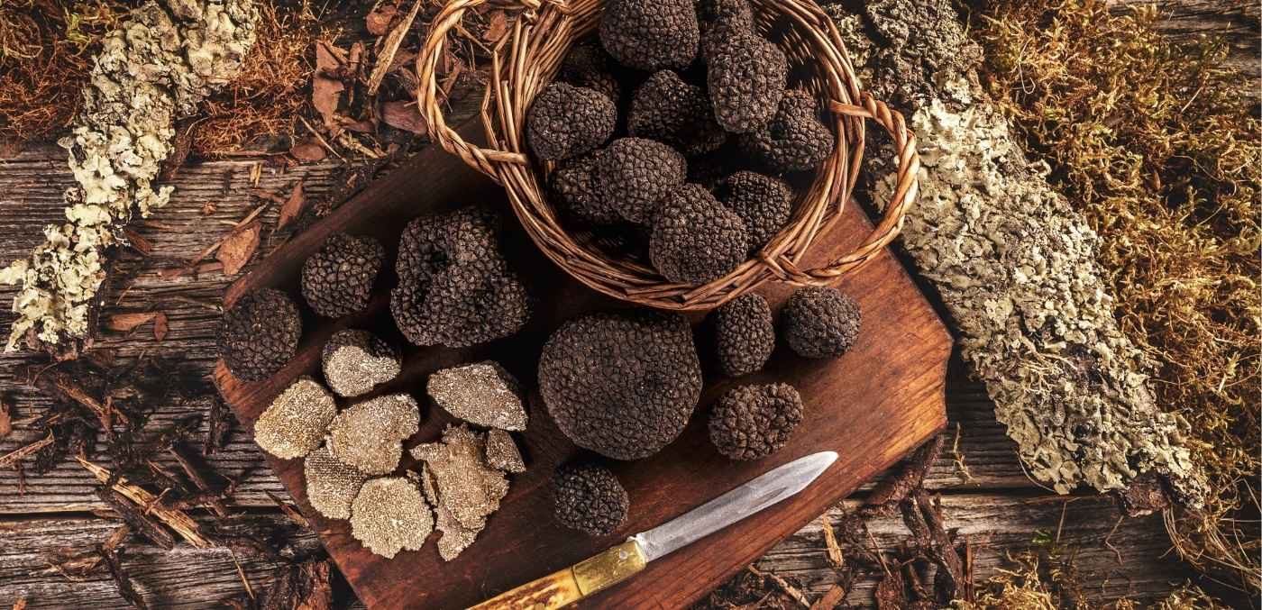 black winter truffles in a basket