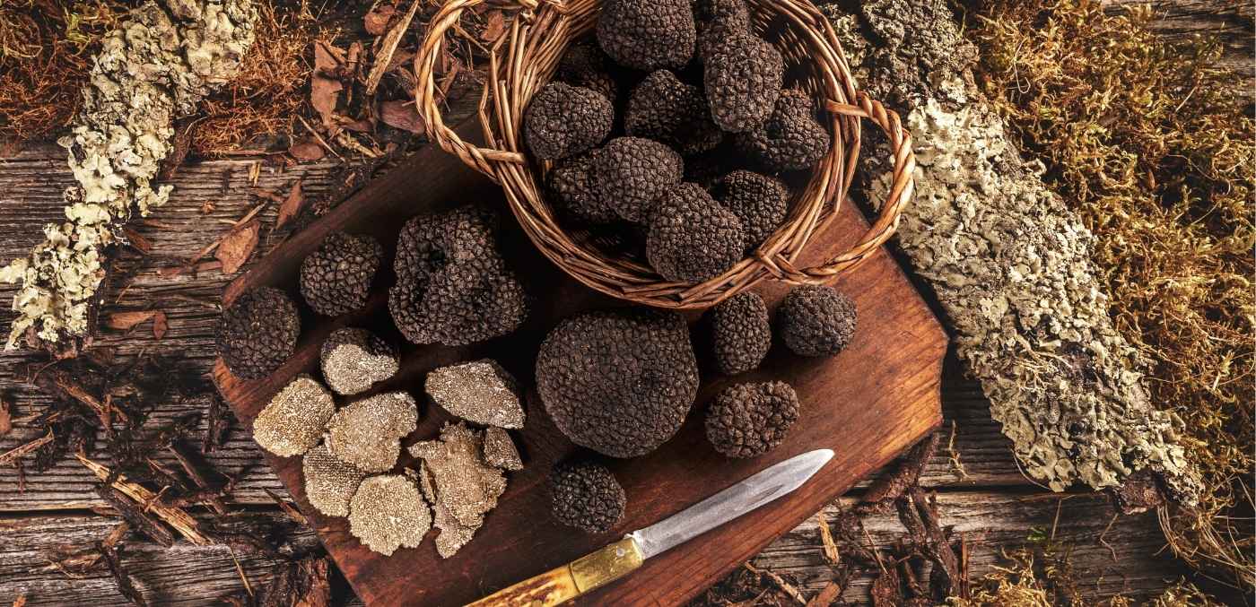 black winter truffles in a basket