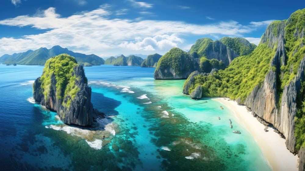Aerial of cliff landscape with crystal clear water In El Nido, Palawan, Philippines. Beautiful Tropical Island In Philippines