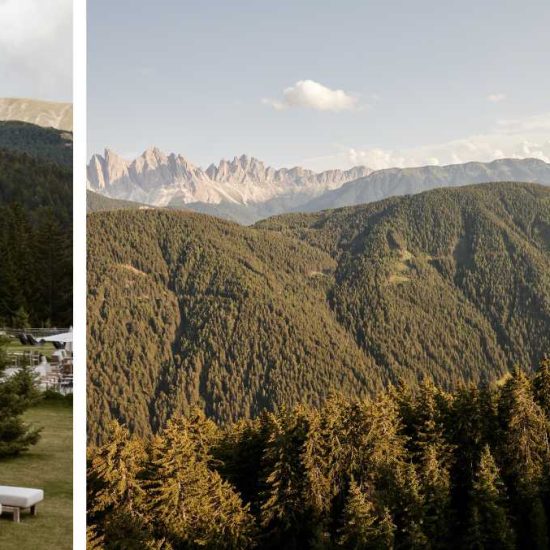 Forestis Dolomites rooftop terrace and loungers.