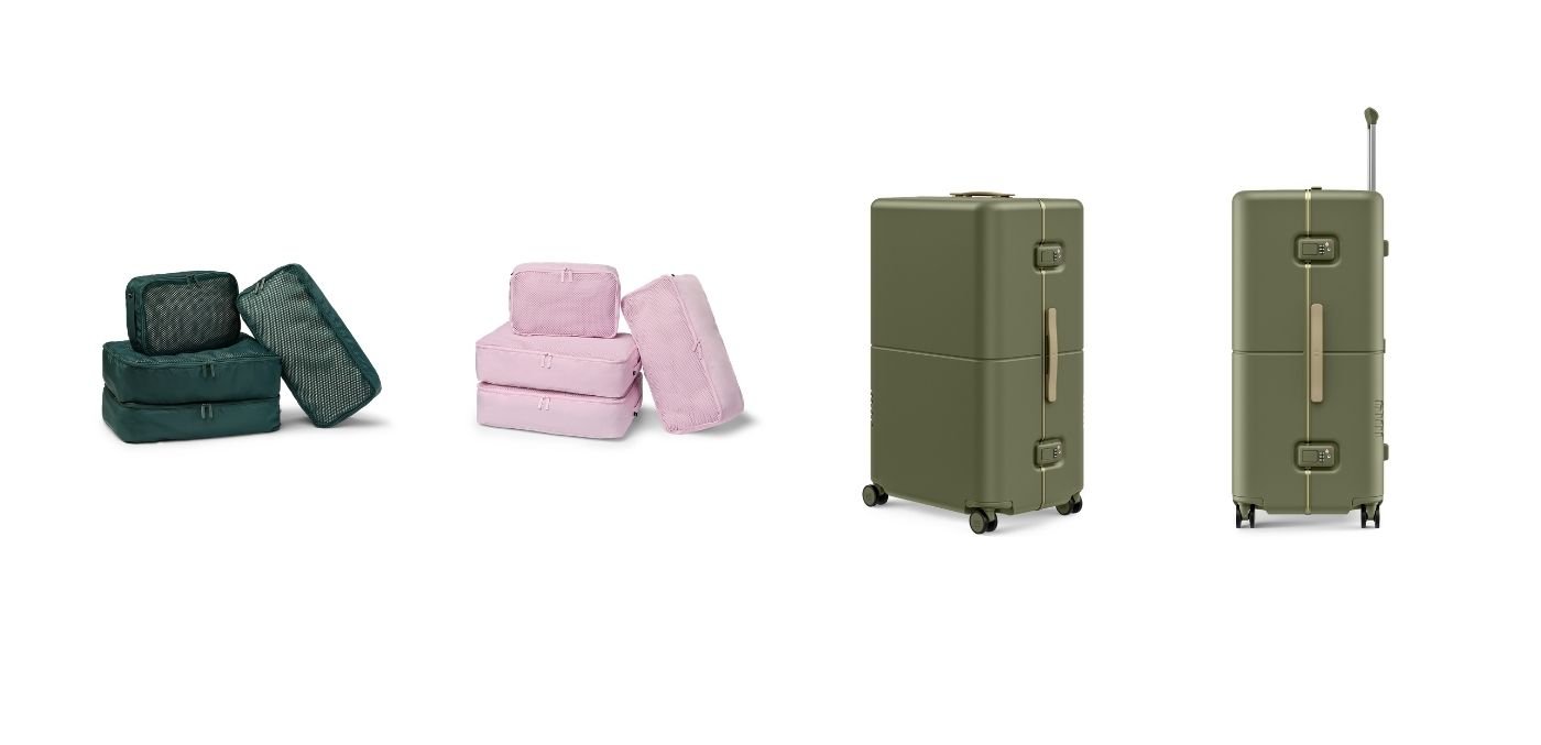 Pcking cells four pack in Blush Pink RRP$55 | Checked trunk in Matte Moss Green RRP$645 | all July