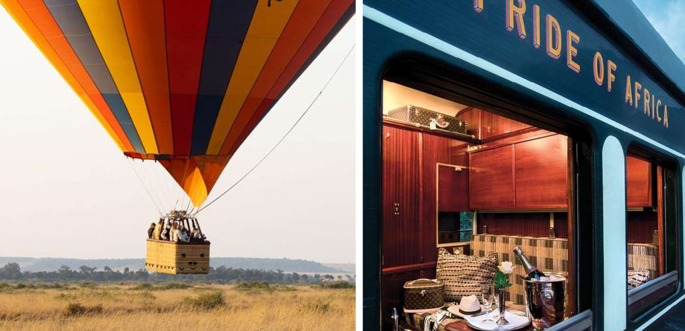 hot air balloon; luxury sleeper train
