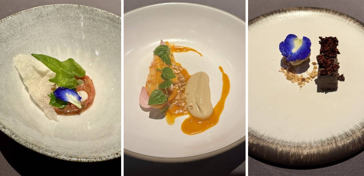 Watermelon tartare; banana blossom; chocolate ganache