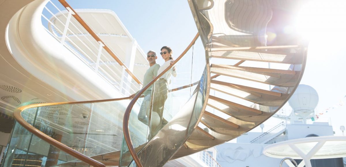 Seven Seas Grandeur stairs on upper deck cruising Europe in style