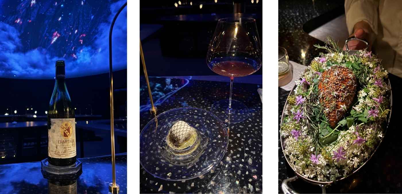 A vintage Ermitage de l’Orée by M. Chapoutier, made entirely from old-vine Marsanne (60–70 years) | Halibut stuffed with walnut duxelles, nestled in a pool of caviar | The stunning Chicken Breast Mandu, inspired by the Korean dumplings of the same name