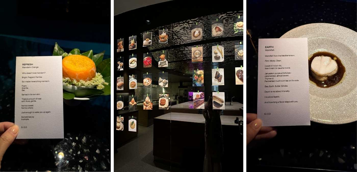 Poetic notes for each dish are written by Joel himself | Inside Joel’s kitchen, where photographs of each dish line the walls as reference