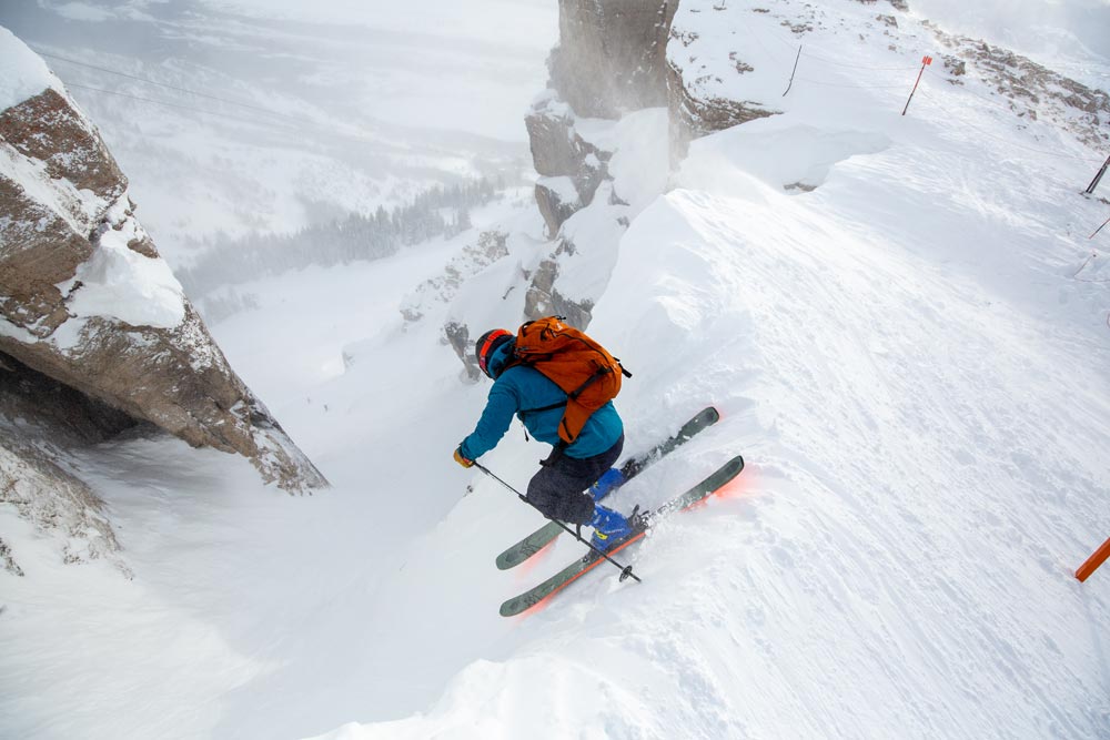 Skiier riding down Corbet's Couloir at Jackson Hole Mountain Resort